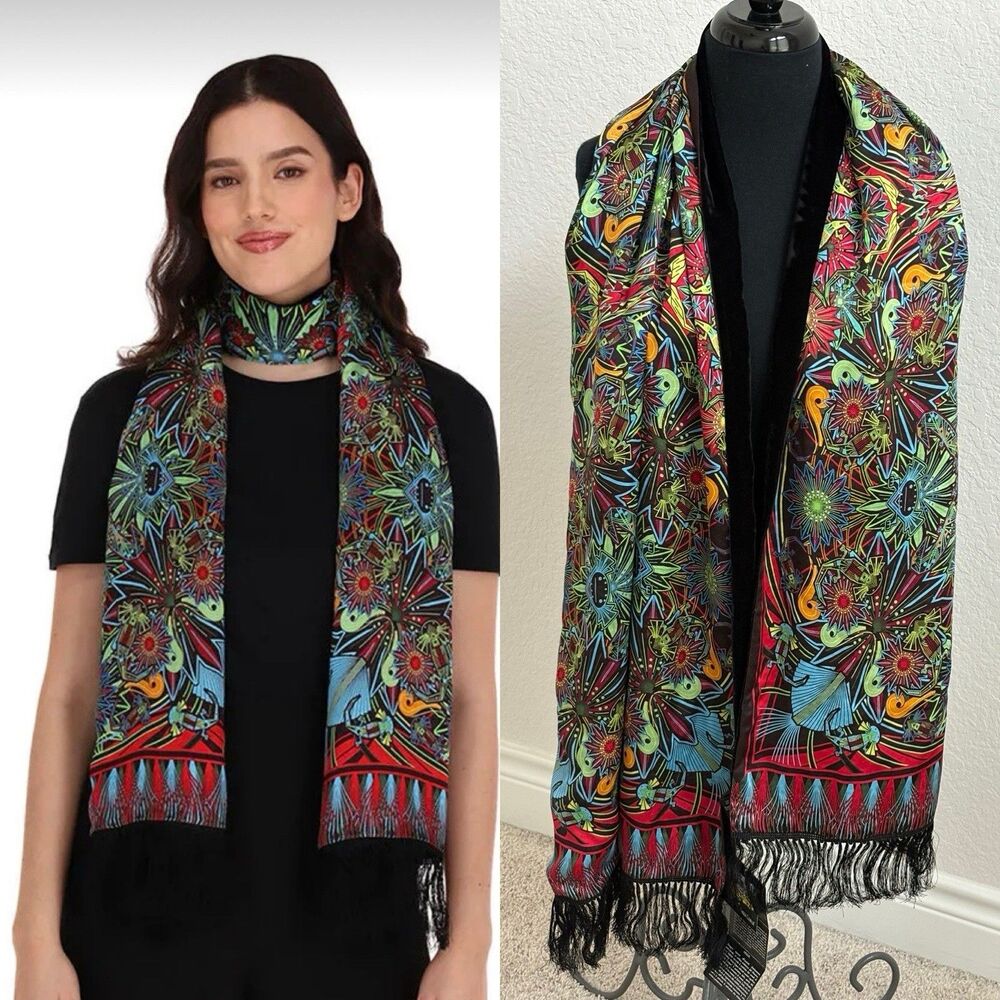 NWT Pineda Covalin Silk & Velvet "Axolots" Shawl Scarf Luxury Velvet Lined Artsy